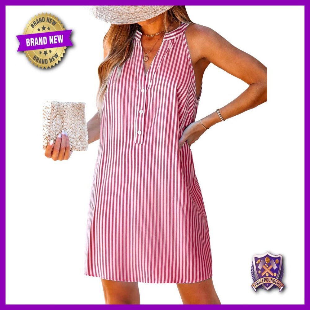 V-Neck Sleeveless Striped Mini Dress Casual Elegant Summer Coverup Button Up